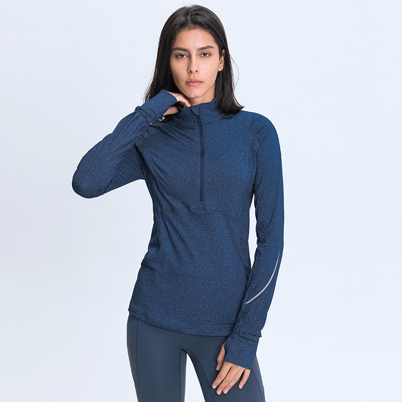 

Sports Tops Gym Women Long Sleeve Zipper Yoga Shirts Elastic Reflective Strip Workout Clothes Running Fitness Pullover, Black