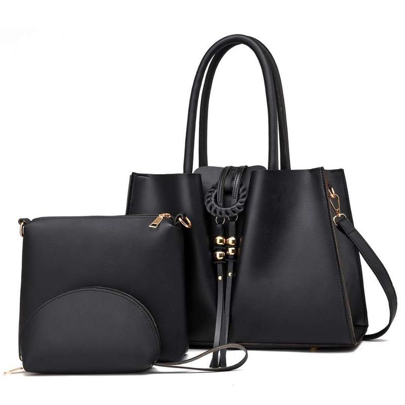 

High capacity Solid color Simplicity All-match fashion tassel Shoulder Bags handbag Women's bags composite bag Three-piece suit, Black