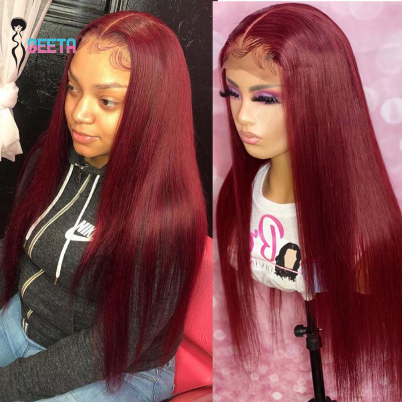 

Geeta 13x4x1 Lace Front Human Hair Wigs 99J Red Straight Malaysian Remy Human Hair Deep Part Wig Pre Plucked Baby 28 inch, As pic