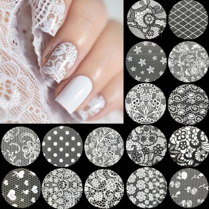 

16Pcs White Black Lace Nail Art Foils Set Nail Transfer Sticker Paper DIY Manicure Nail Decoration Accessories, Black 16pcs/lot