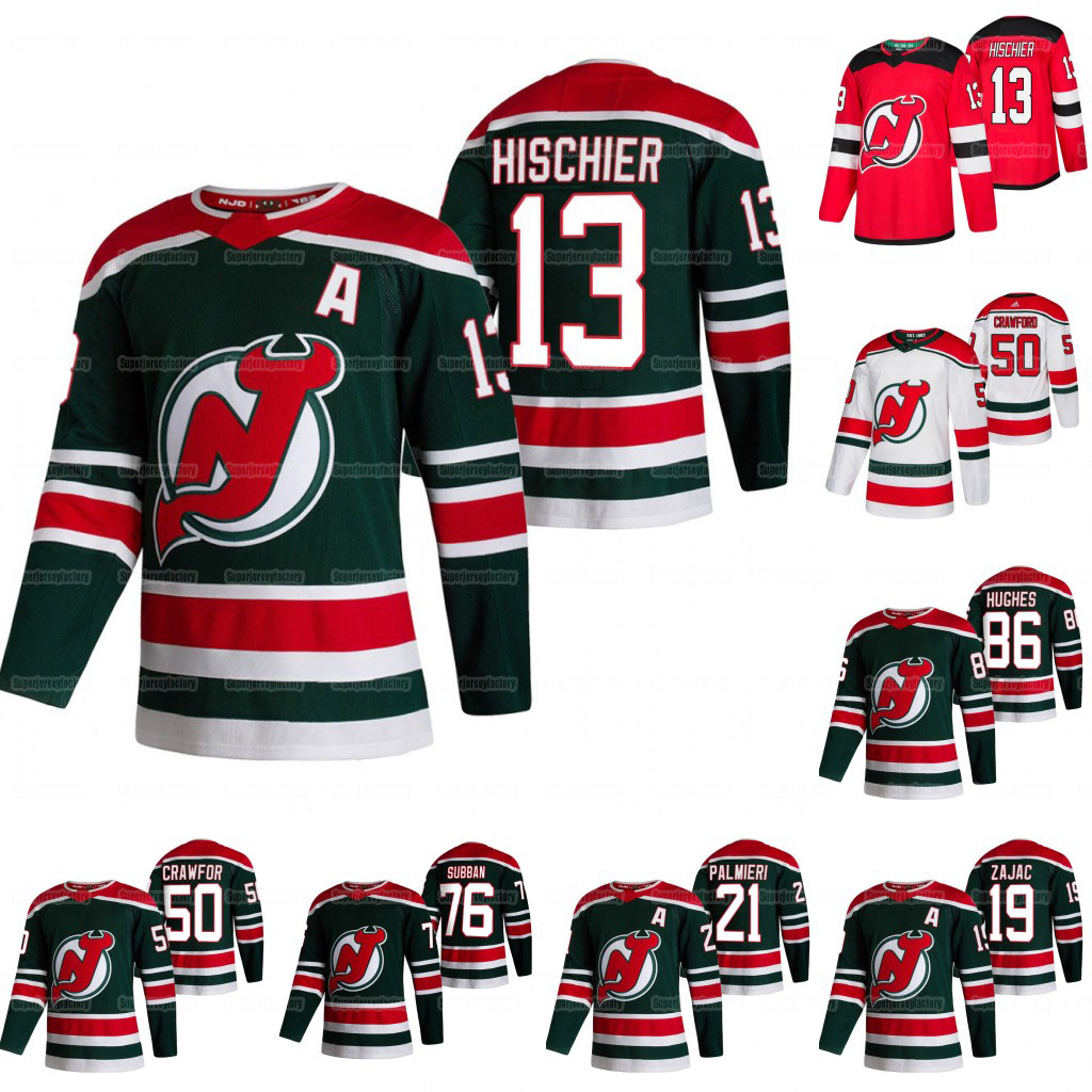 

13 Nico Hischier New Jersey Devils 2021 Reverse Retro jersey Travis Zajac P.K. Subban Jack Hughes Kyle Palmieri Corey Crawford Johnsson, Mens red