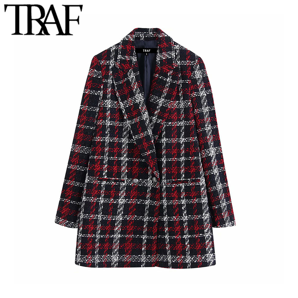 TRAF Women Office Lady Plaid Double Breasted Tweed Blazer Coat Vintage Fashion Long Sleeve Pockets Ladies Outerwear Chic Tops 201114Z