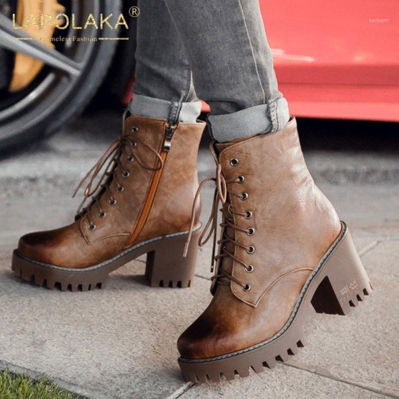 

New Arrivals Large Sizes 43 Square High Heels Winter Short Plush Platform Shoelaces Women Shoes Motorcycles Boots Female1, Black