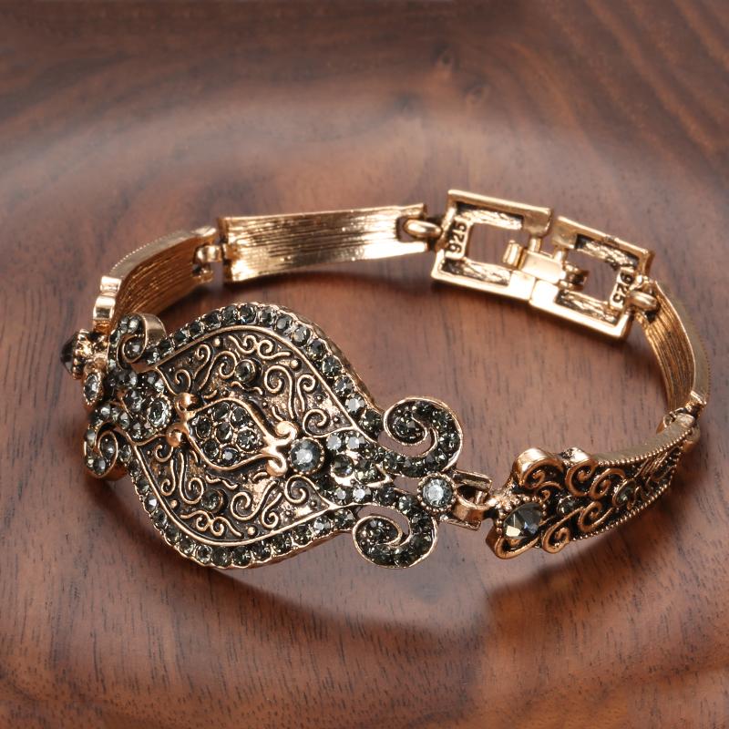

Kinel Charm Boho Women Link Bracelet Antique Gold Color Gray Crystal Ethnic Wedding Bridal Vintage Jewelry Russia Accessories