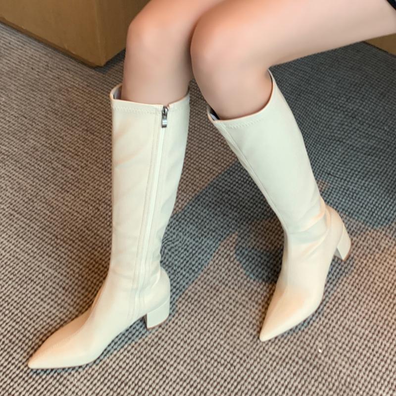 

Quality Knee High Boots Women Shoes Genuine Leather Fashion Pointed Toe Ladies INS Boots Shoes Women's Winter Autumn High, Black fur