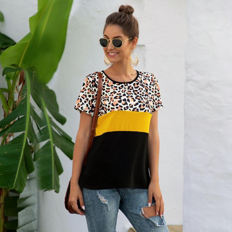 

Leopard Print Stitching Tshirt Cotton Women Short Sleeve Casual Sports Yoga Loose T-Shirts Plus Size Fitness Running Tee Tops1, Light yellow