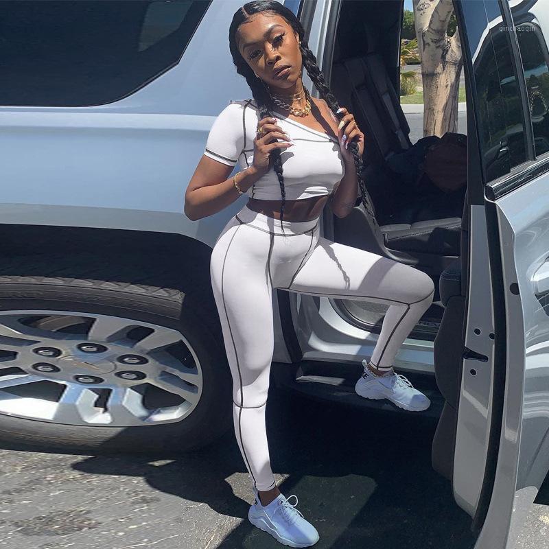 

2020 Fashion Trend 2 Pcs Woman' Stitching Color Sports Suit Sexy One-shoulder Short Sleeve Top Slim Elastic Pencil Pants Sets1, Black