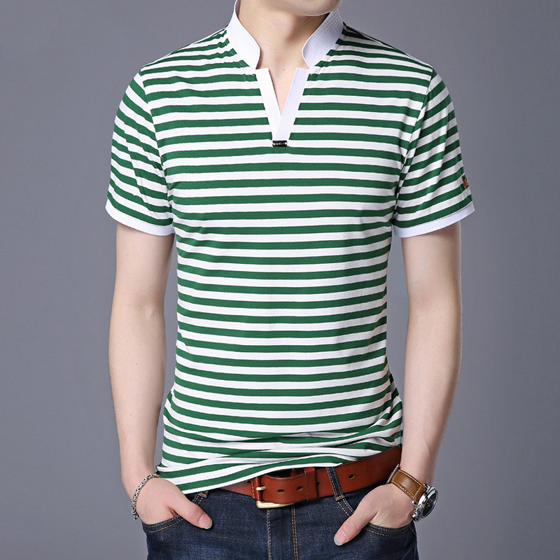 

2021 New New Summer Striped Men Polo Shirts Cleavage v Short Fashion Casual Wear for Fine Male Cotton Yqg3 MOD9, Black