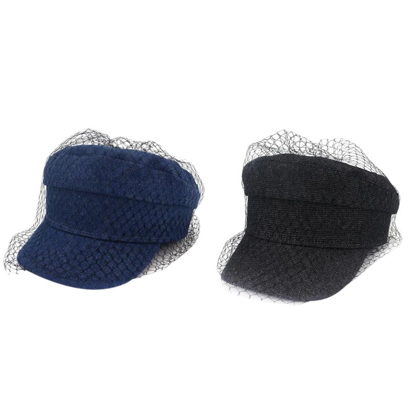

Fashion Mesh Lace Denim Flat Top Painter Hat Girl Street Style Beret Female Accessories, Blue