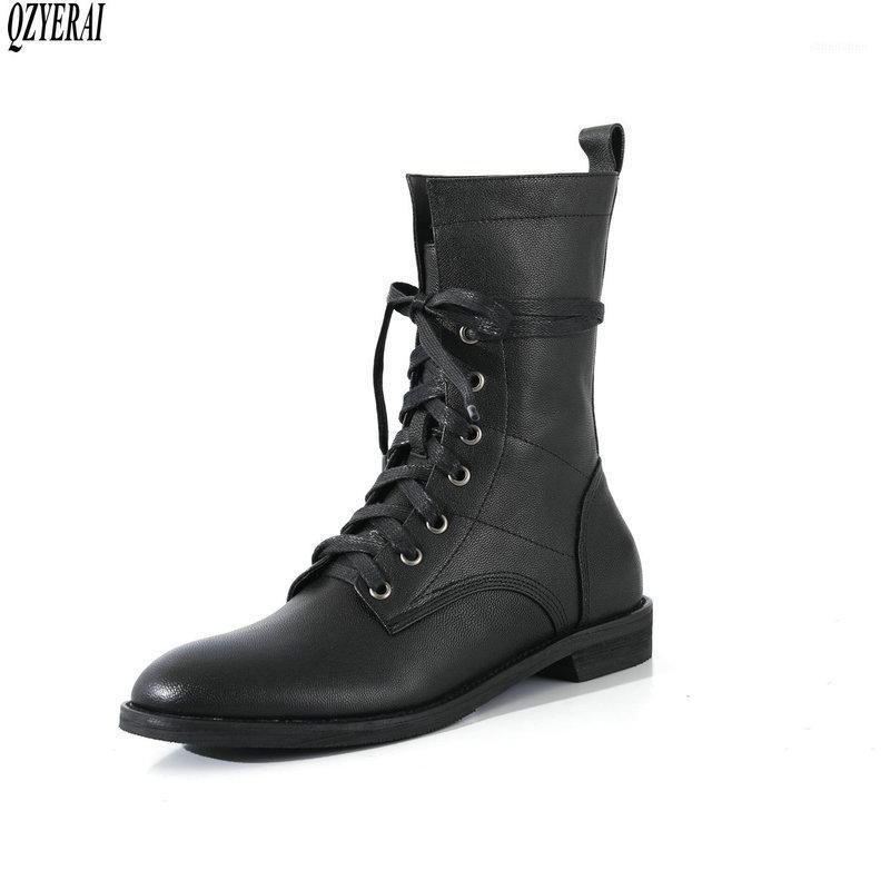 

Boots Style Black Riding Genuine Leather Female Lace-up Women's Cowhide Shoes Size 34-401