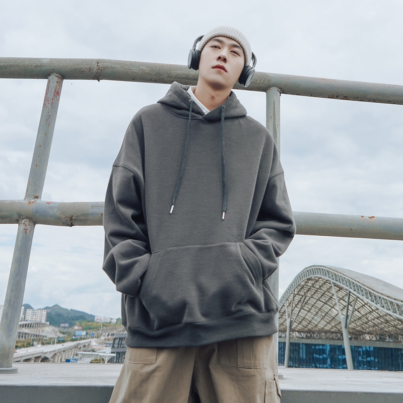 

2021 Autumn and Winter New Thick Solid Plus Velvet Nightgown Men in Hoodies Sweater Loose Clothes Youth Coat 8RR3, Black