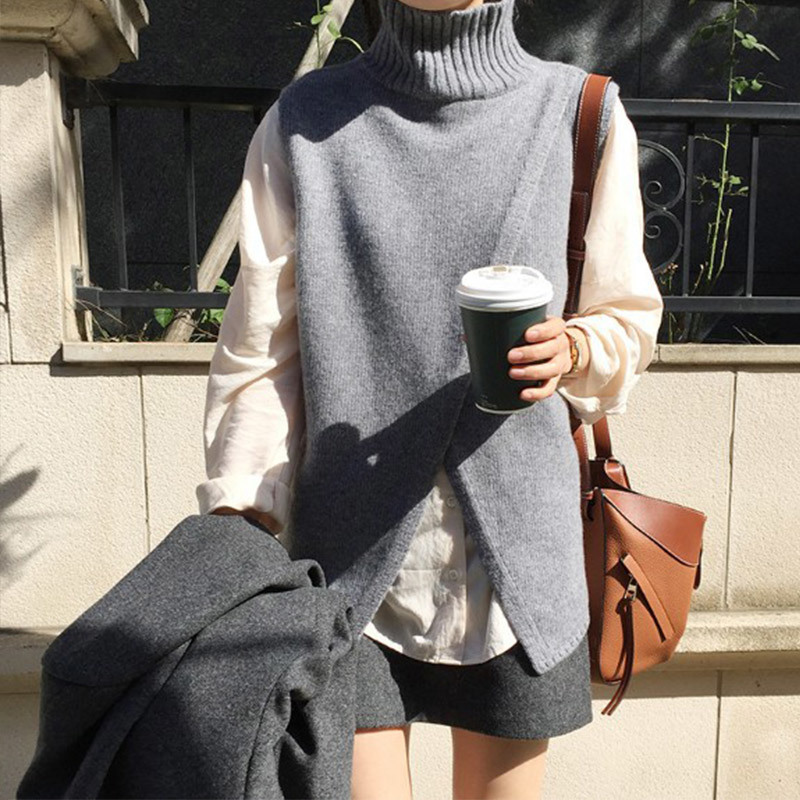 

Korean Style Overlap Sleeveless Sweater Vest Women Spring Turtleneck Knitted Sweaters Female Fashion Casual Criss-Cross Jumper 210204, Gray