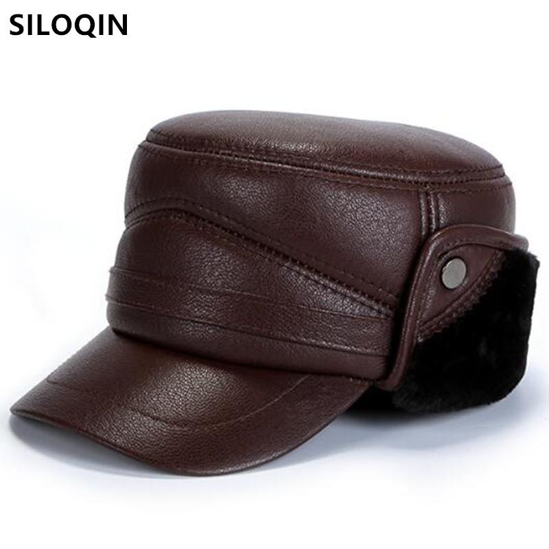 

SILOQIN Natural Genuine Leather Cap Winter Men's Warm Army Hats Men Flat Caps Thick Fluff Sheepskin Leather Hat Dad Hat, Black