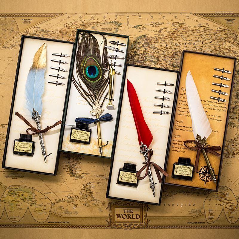 

1Set Vintage Calligraphy Feather Dip Pen Writing Ink Set Gift Stationery Box with 5 Nibs Wedding Gift Feather Fountain Quill Pen1, Red