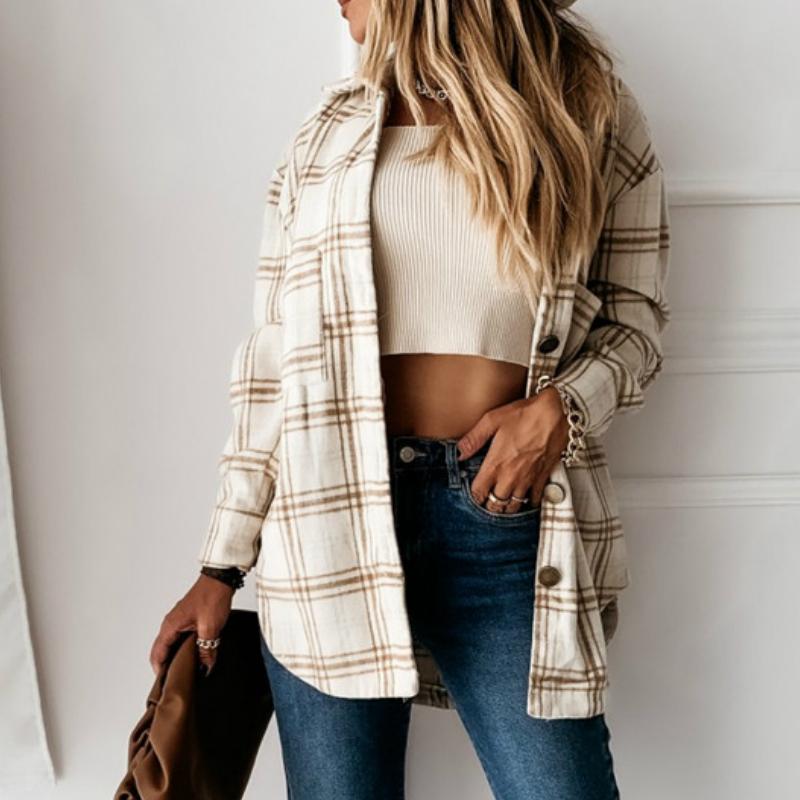 

Women Plaid Shirt Tops Fashion Casual Style Autumn Spring Clothes Long sleeve Buttons up Shirt Blouse Loose Outwear Female 2021, Beige