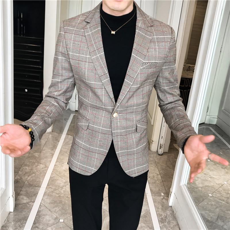 

2020 Autumn Grey Plaid Blazers Men Slim Fit Business Costume Office Lattice SUIT Jacket COAT M-3XL, Khaki