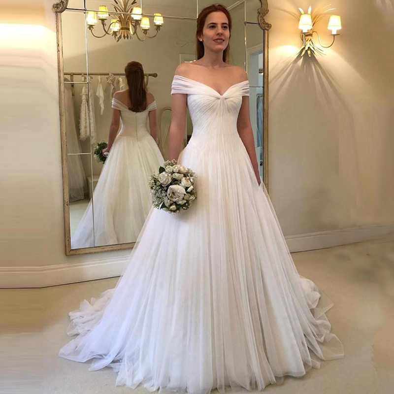 

Arabic Off Shoulder A Line Wedding Dresses 2021 with Ruffles Sweep Train Plus Size Bridal Gowns Vestido De Novia, White