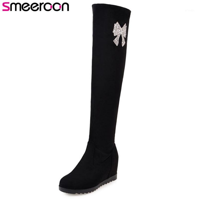 

Smeeroon new popular over the knee boots autumn winter women boots flat bottom heels women slip on prom shoes black1, Black