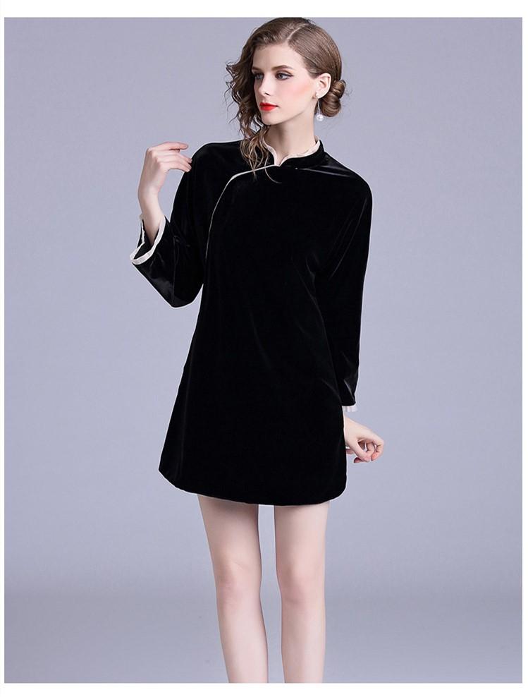 

New Spring original design long-sleeved Mid-long Chinese style gentlelady cheongsam Gold velvet outwear windbreak for women, Black