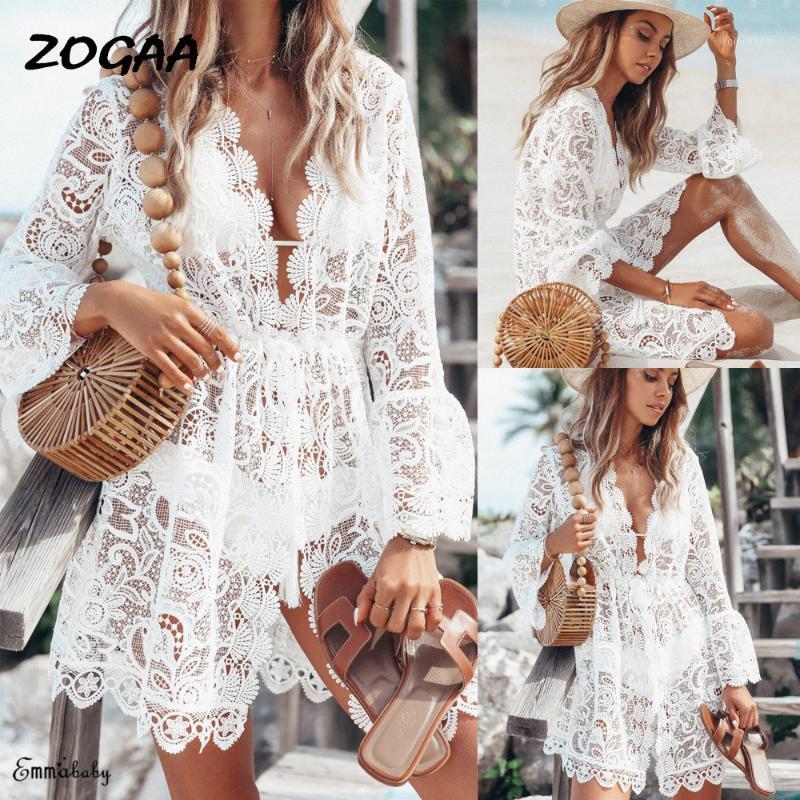 

ZOGAA Lace Hollow Crochet Bikini Cover-ups Women Bathing Suit Swimsuit Floral White Tunic Beach Mini Dress Sarong Wrap Beachwear1