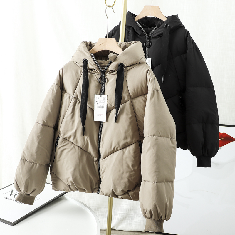

2021 New Winter with Hood Cotton Padded Jacket Large Woman-sized Woman Thick Warm Coat Black Parka Outwear REAR, Khaki.