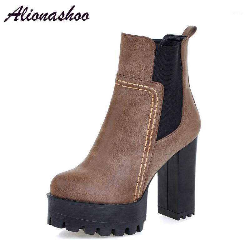 

Alionashoo Large Size 48 Women Ankle Boots Fashion Pu Leather Square High Heel Round Toe Platform Spring/Autumn Women Ankle Boot1, Brown