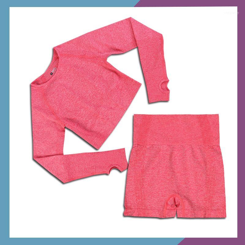 

2Piece Set Women Seamless Sports Suits Fitness Yoga Set Gym Workout Clothing Long Sleeve+Short High Waist Running Leggings pants1, Black