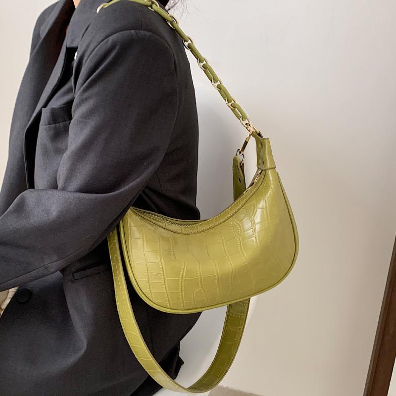 

Fashion Half Moon Chains Stone Pattern Leather Shoulder Bags Women Brand Crossbody Purses and Handbags Luxury Designer Sac NEW, Green