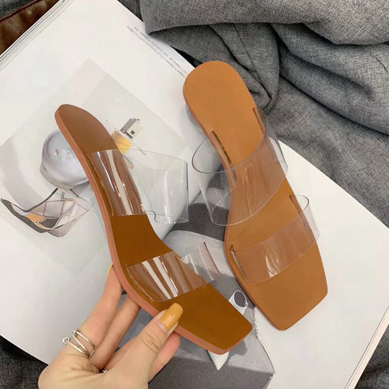 

Will See 2020 New Woman of Crystal Luxury Clear High Slides Lady Designer Mules Heels Strange Transparent Slippers Jelly Shoes Uwow, Khaki.