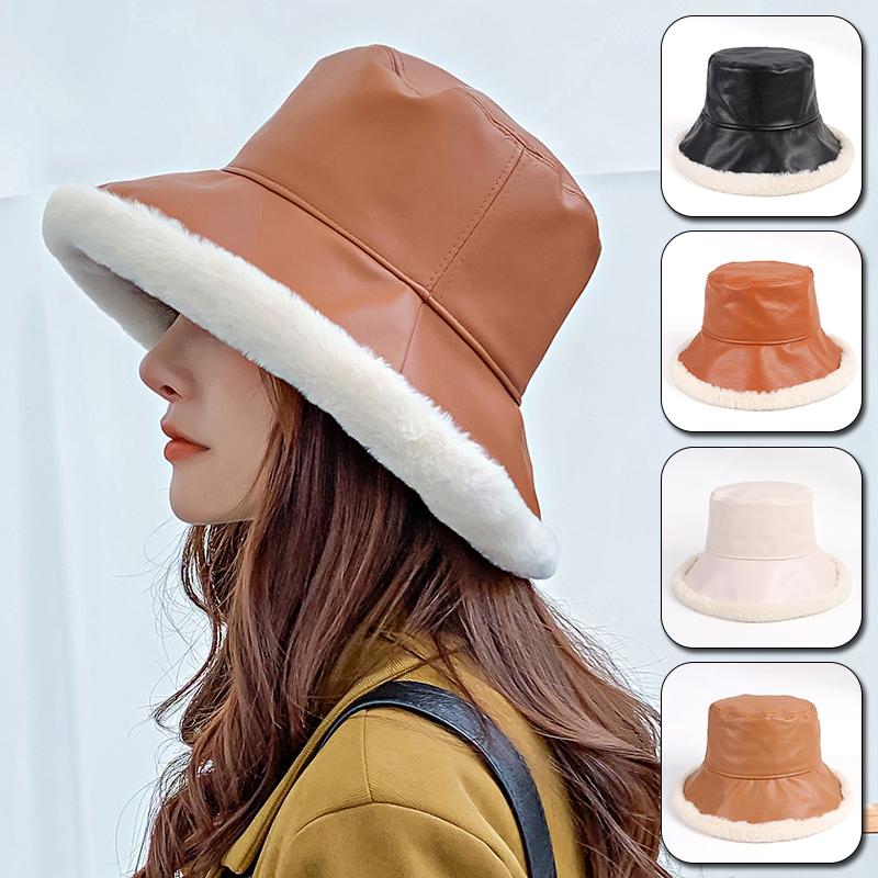 

New Fashion Autumn Winter Black PU Leather Bucket Hat Women Faux Fur Thick Warm Plush Rim Patchwork Fisherman Cap Wholesale