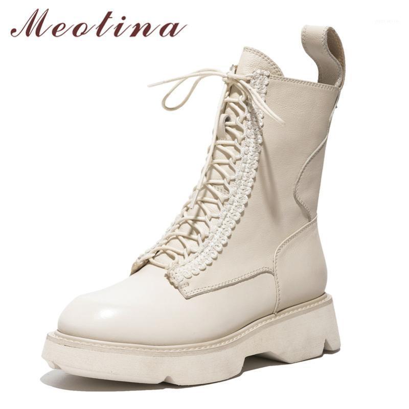 

Meotina Motorcycle Boots Women Shoes Genuine Leather Flat Platform Ankle Boots Lace Up Zipper Female Autumn Winter White1, Black velvet lini