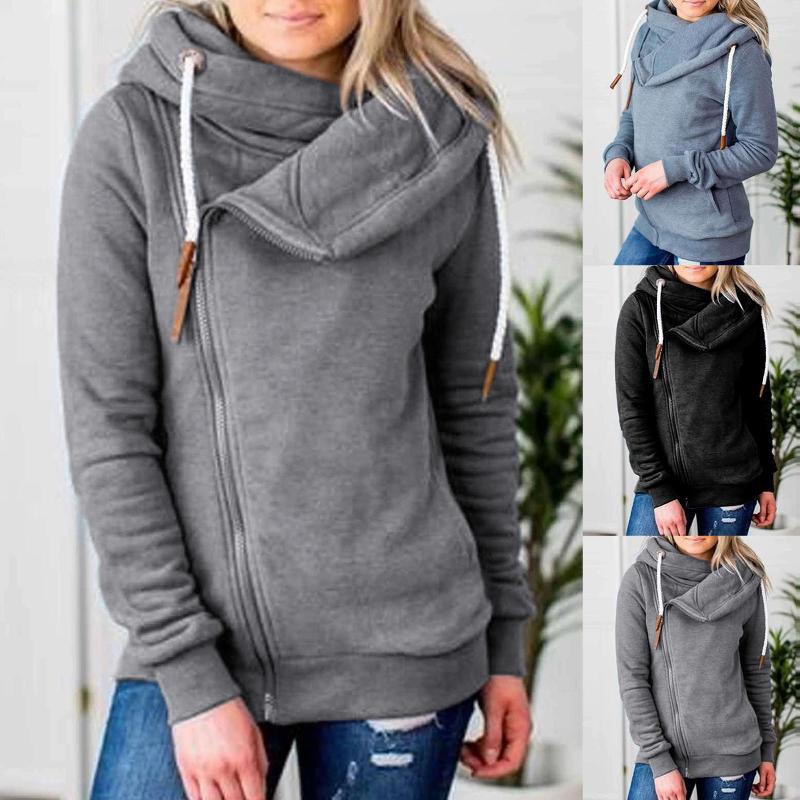 

Autumn Winter Women New Stylish Pullover Solid Color Diagonal Zipper Turtle Neck Warm Coat Sweatshirt Tops, Black