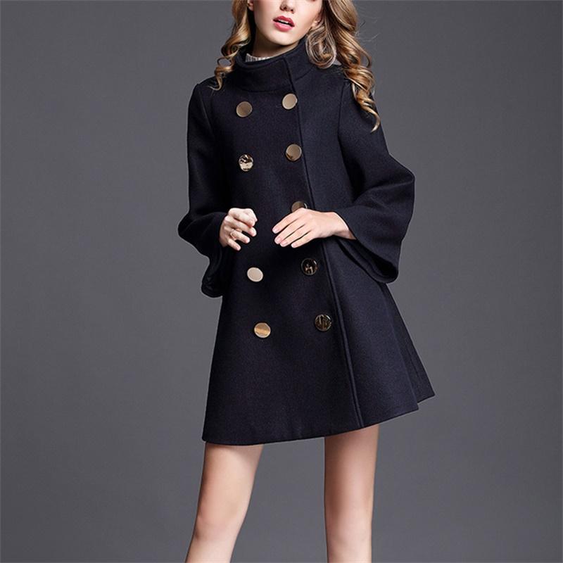 

Women Cloak Woolen Double Breasted Jacket Loose Parkas Coat New Mid-Length Manteau Vintage Outerwear Female, Navy blue