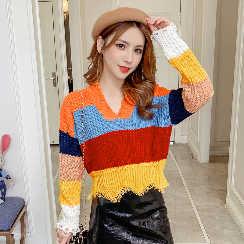 

Casual spring winter new long sleeve vintage female rainbow mesh stripe matching bangs short 802c sweater, Photo color