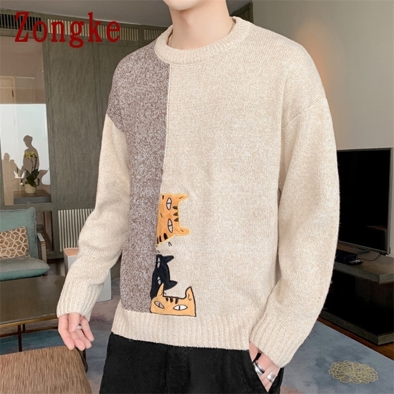 

Zongke Cartoon Cat Knit Sweater Men Korean Mens Clothes Pullover Men Sweaters Pullover Winter Sweater New Arrivals -3XL 201117, Beige