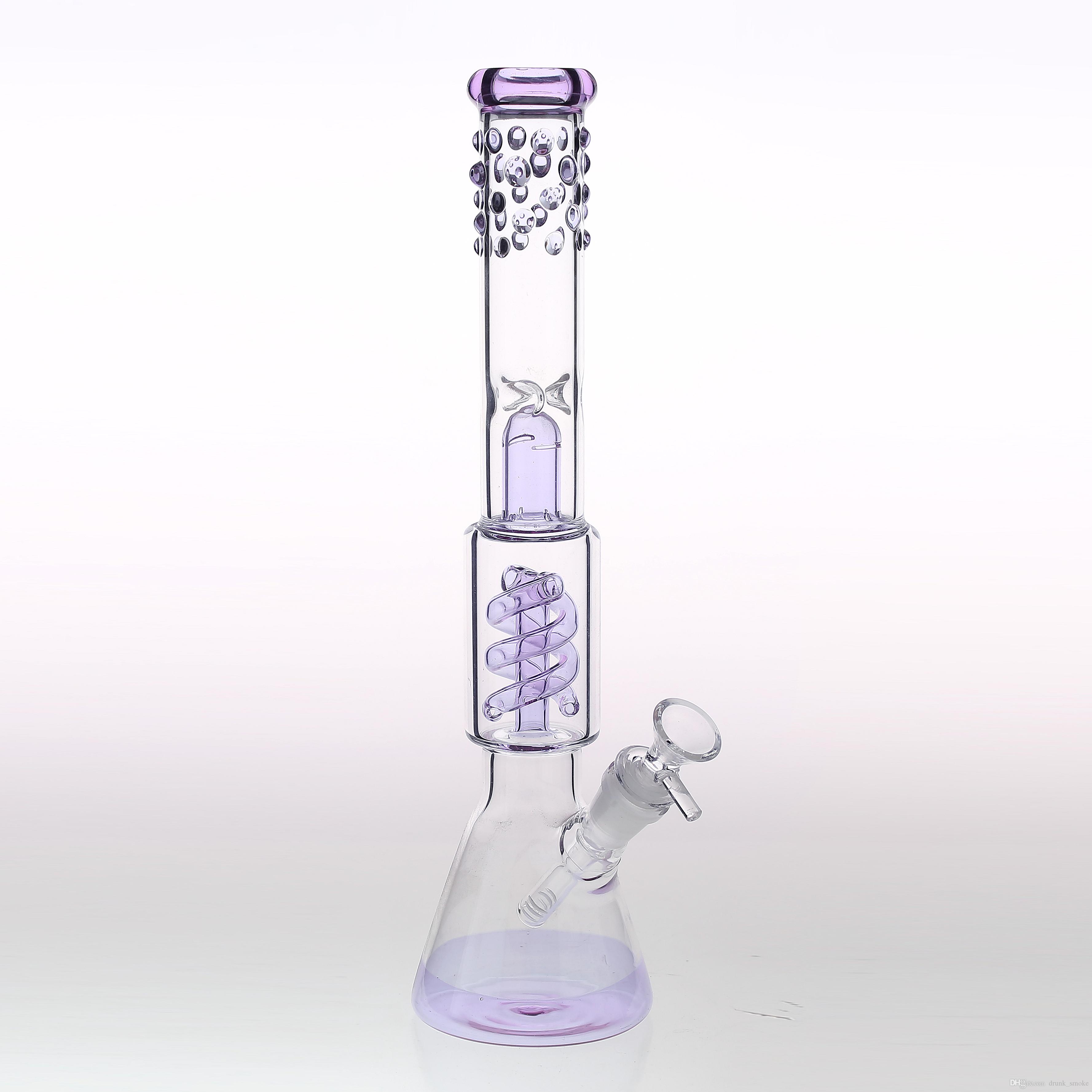

37cm Tall Hookahs Glass Bongs With Downstem Bowl 18.8 mm Perc Smoking Beaker Bong Purple Glass Water Pipes Heady Dab Rigs rReady To Shop