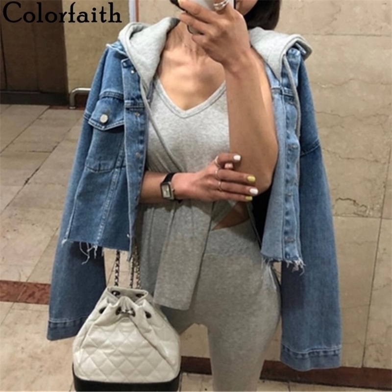 

Colorfaith New Autumn Winter Women Denim Jackets Patchwork Hooded Outerwear High Street Oversize Wild Short Jeans JK8929 201026, Blue