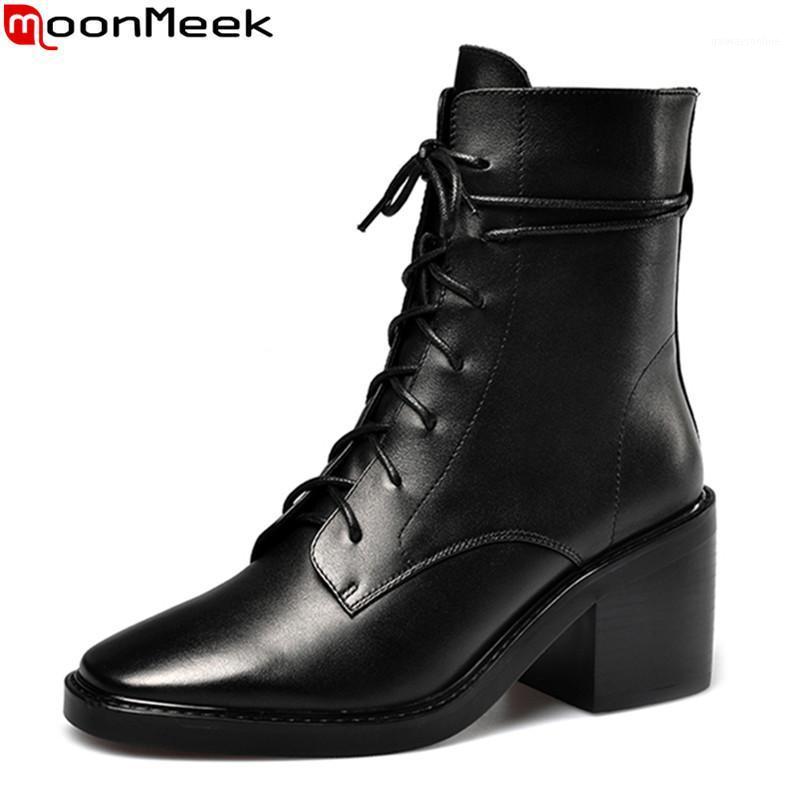 

MoonMeek 2020 new arrive fashion simple genuine leather ankle boots solid black lace up square toe high heels women boots1