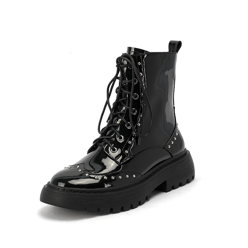 

2021 New Genuine Leather Women's Ankle Vintage Retro Rivets Chunky Med Heels Winter Ladies Boots Shoes Woman Zv41, Patent