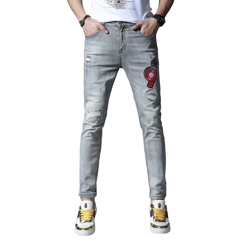 

2021 Skinny New Men's Jeans for Men Embroidered Elastic Pants Hip Cotton Summer Light Gray Spring J69J, Games