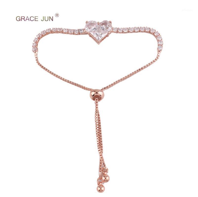 

GRACE JUN Hot Sale Inlay Mirco Cubic Zircon Tennis Bracelet&bangle Fashion Bridemaid Wedding Romantic Chain Heart Bangle1