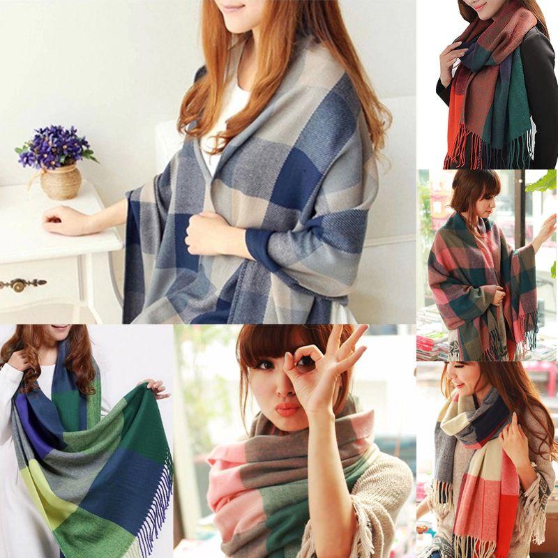 

200x60cm Women Couple Winter Plaid Scarf Color Block Tassels Wide Lattice Long Shawl Wrap Blanket Warm