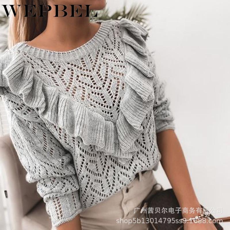 

WEPBEL Women Elegant Hollow Out Ruffles Knitted Pullover Sweater Top Casual Ladies Autumn Winter Long Sleeve O Neck Knitwear, Gray