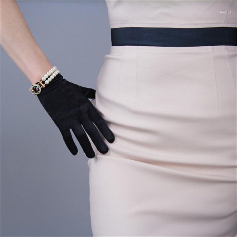 

Five Fingers Gloves Silk Satin 22cm Short Style Elasticity Mercerized Black White Sunscreen Female Bride Married1