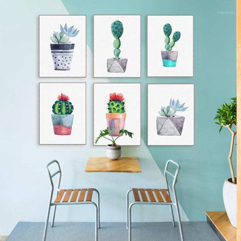 

Watercolor Green Plant Flowers Cactus Posters Succulent Nordic Style Garden Wall Art Pictures Living Room Decor1