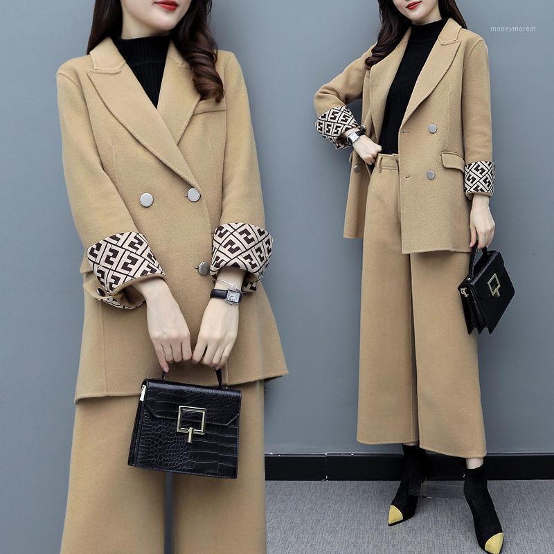 

2020 Women' Clothing Autumn and Winter Two-Piece Suit Pants L Patchwork Wool Coat Wide-Legged Pants Casual Fashion Set Female1, Khaki