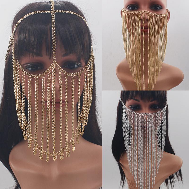

Fashion Gold Color Headband Metal Long Tassel Head Chain Party Hair Accessories Headpiece Jewelry Mask chain For Women Halloween
