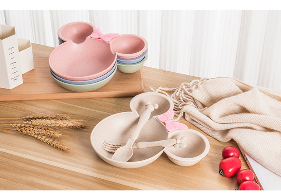 

3pcs Wheat Straw Baby Cartoon Tableware Set Children's Dishes Kids Dinner Platos Baby Feeding Plate Training Bowl Spoon Fork