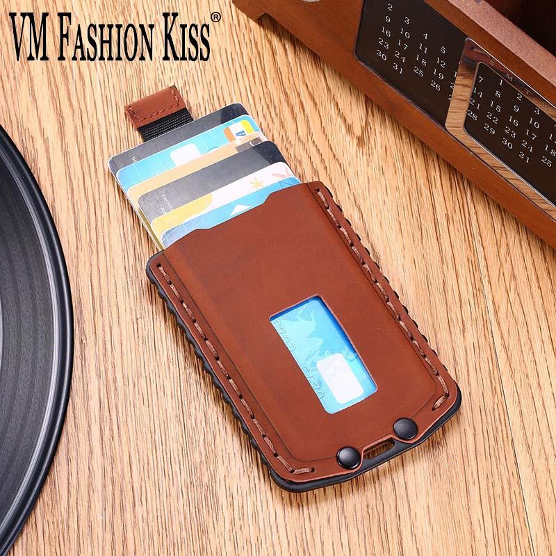 

2020 New Retro Handmade Wallet Crazy Horseskin Ultra-thin Front Pocket Aluminum Alloy Drawstring Holder Case Porte, Black