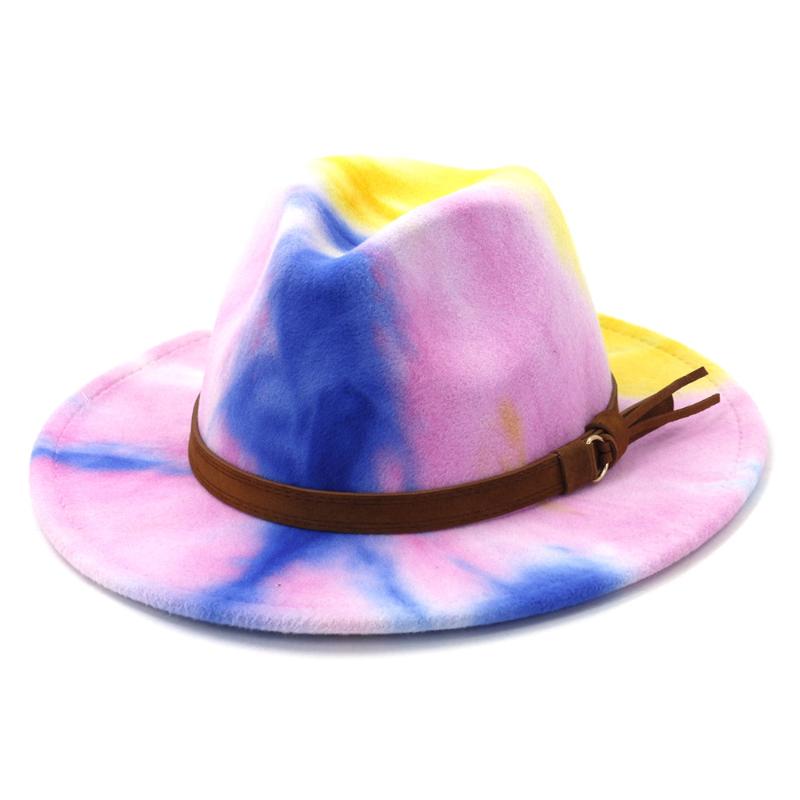 

2021 New Style Tie Dye British Wide Brim Fedora Hat With Brown Belt Autumn And Winter Women Men Courser Print Vintage Jazz Cap